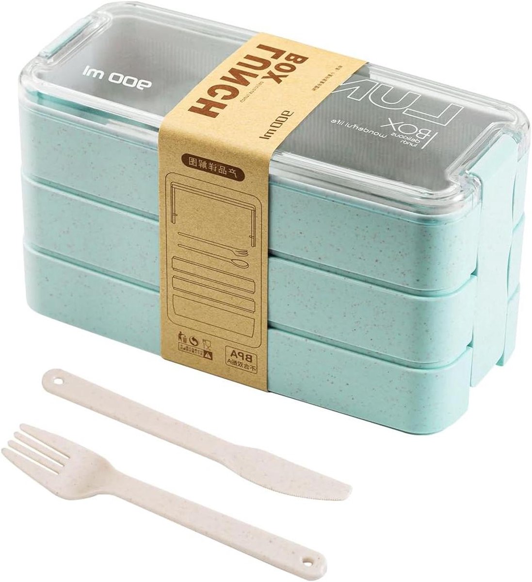 Bento Lunch Box - Drie Laags Doos - Lunch Meenemen - Inclusief Bestek - 18 x 8 x 10.5 cm