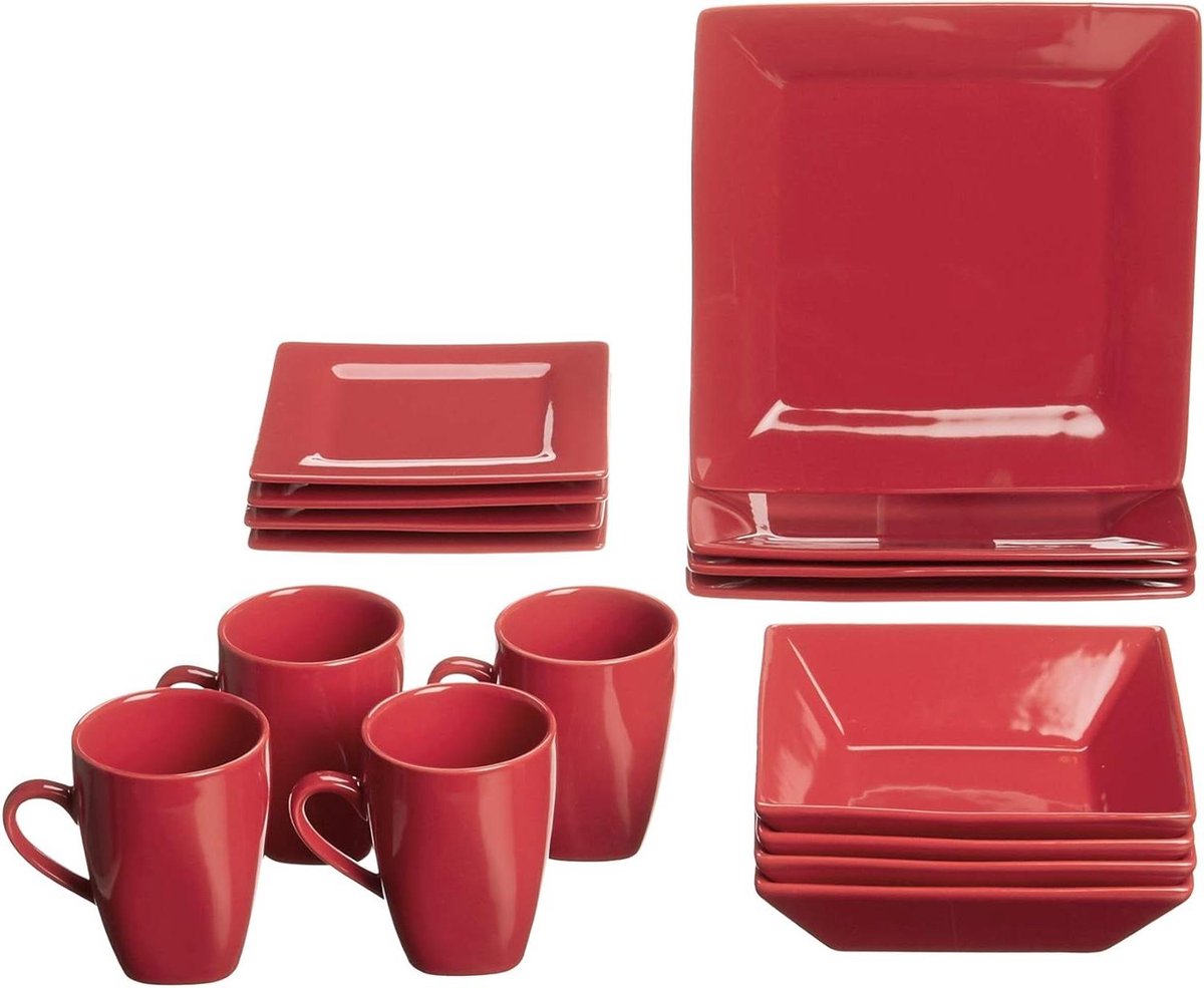 Serviesset Aardbeienstraat - Eetset Porselein - Dagelijks Gebruik - Vaatwasser Magnetron Ovenbestendig - 16-delig - Rood