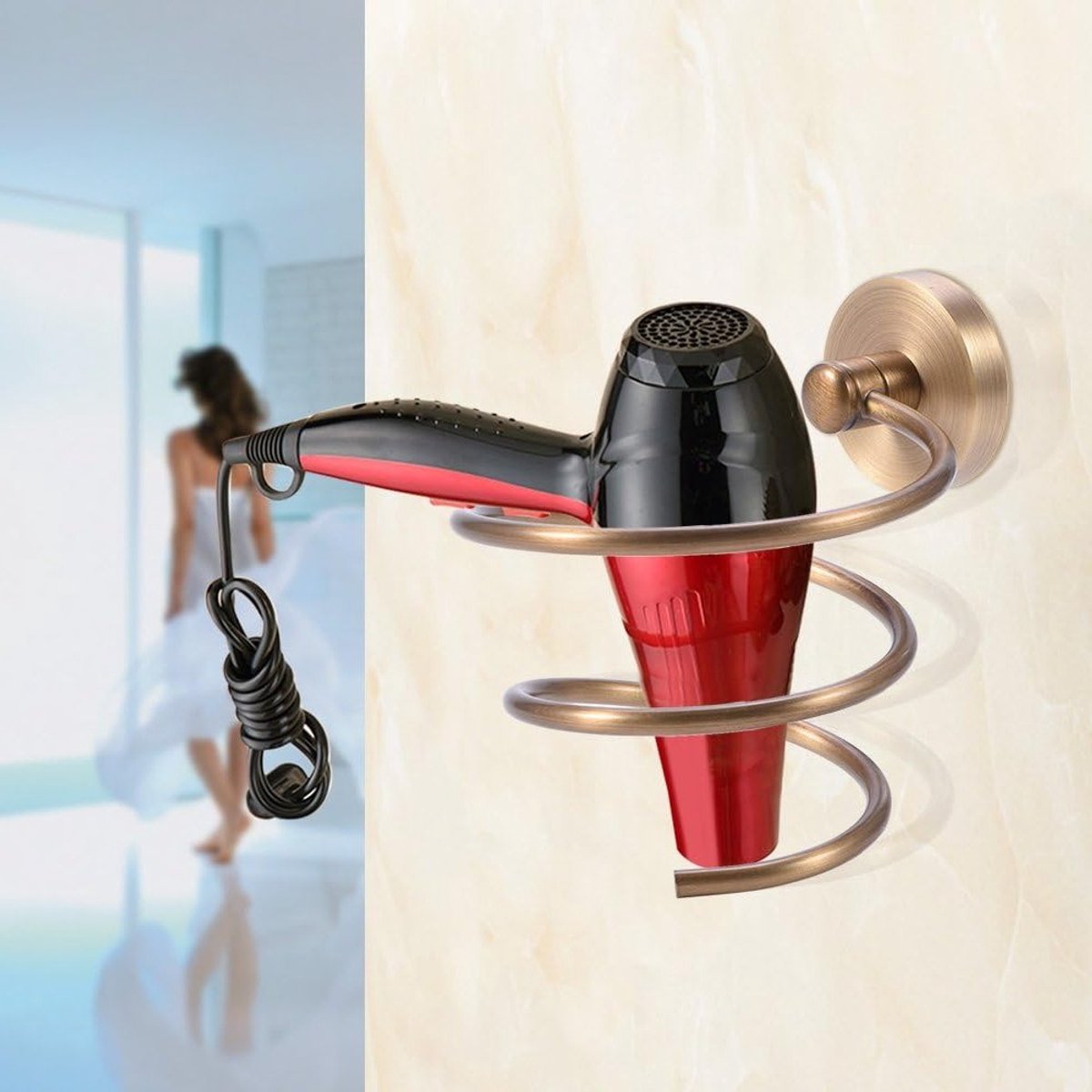 Muurbeugel voor Föhn - Antieke Gele Brons Kleur - Stevige Badkamer Organizer en Opbergrek voor Haardroger en Accessoires