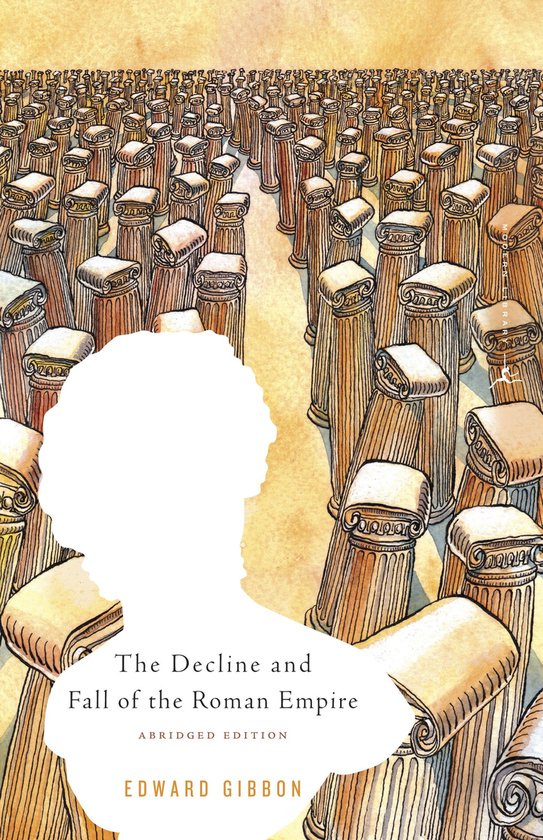 Livre 'The Decline and Fall of the Roman Empire' Abridged Edition, avec une aquarelle de rangées de colonnes corinthiennes et une silhouette.