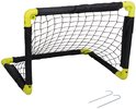 Zwart en geel opvouwbaar voetbaldoel met zwart net en twee grondpennen.