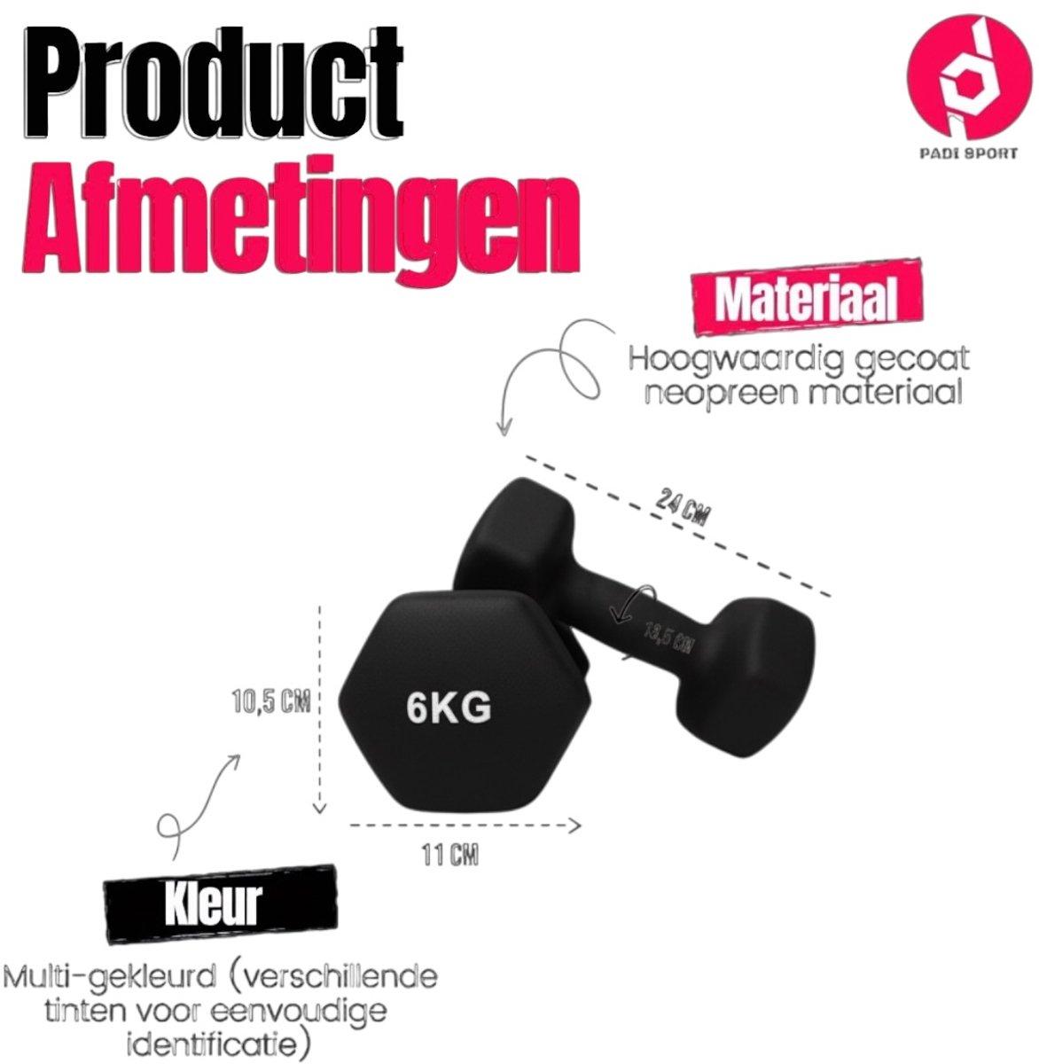 Padisport - Dumbells 6 Kg - Halter - Gewichten Set Halters - Gewichten 6 Kg - Zwart - Gewichten – foto 2