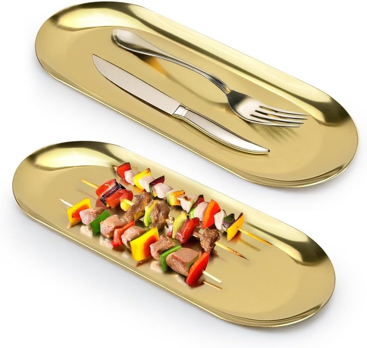 Set van 2 Stalen Sieradenkommen - 22 cm Lange Gouden Decoratieve Schalen voor Badkamer, Organiseren van Accessoires en Servies, Ideaal voor Thee en Dessert