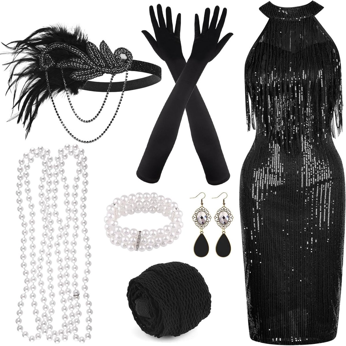 Gatsby Jurk uit de Jaren 20 met Veer, Hoofdband, Handschoenen, Ketting en Gouden Oorbellen voor Dames