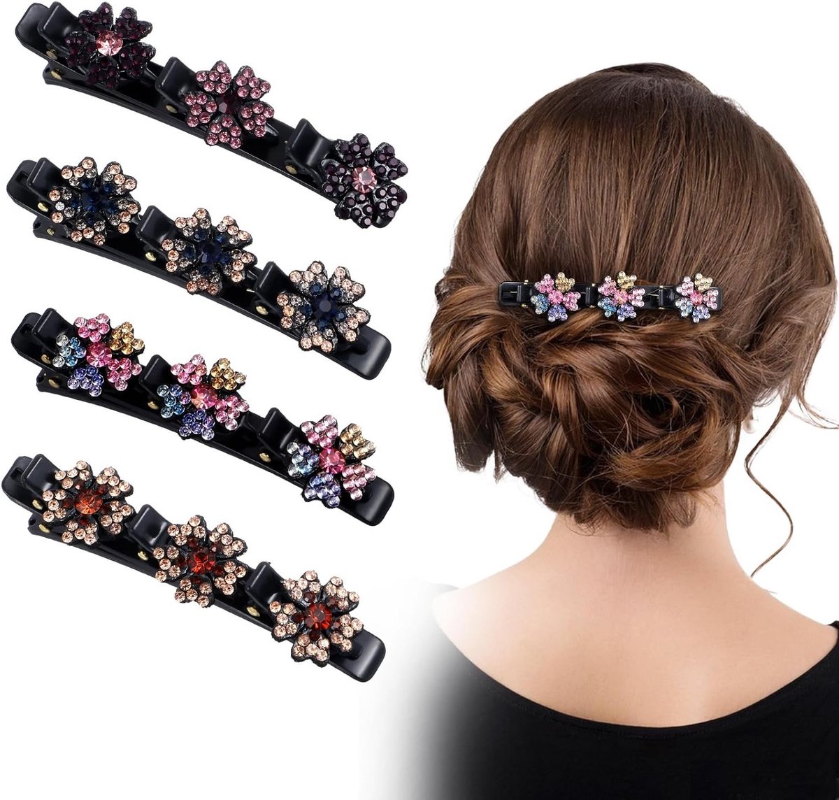 4 Paar Gevlochten Haarclips met Sprankelende Strass, Kleurvolle Kersenbloesemstijl voor Vrouwen en Meisjes, Perfect voor Feestjes en Dagelijks Gebruik