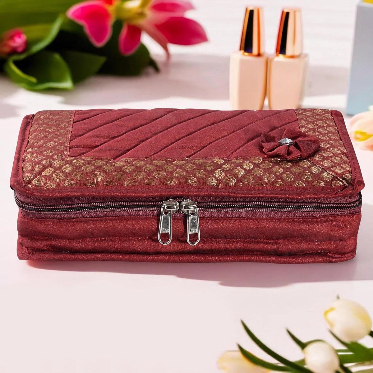 Juwelendoos Dames - Sieraden Pouch - Sieraden Organiseren - 7 Vakken - 25cm x 15cm x 7cm - Bordeauxrood