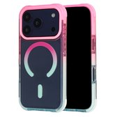 Roze en blauwe telefoonhoes met magnetische cirkel, camera-uitsparingen en schaduw.