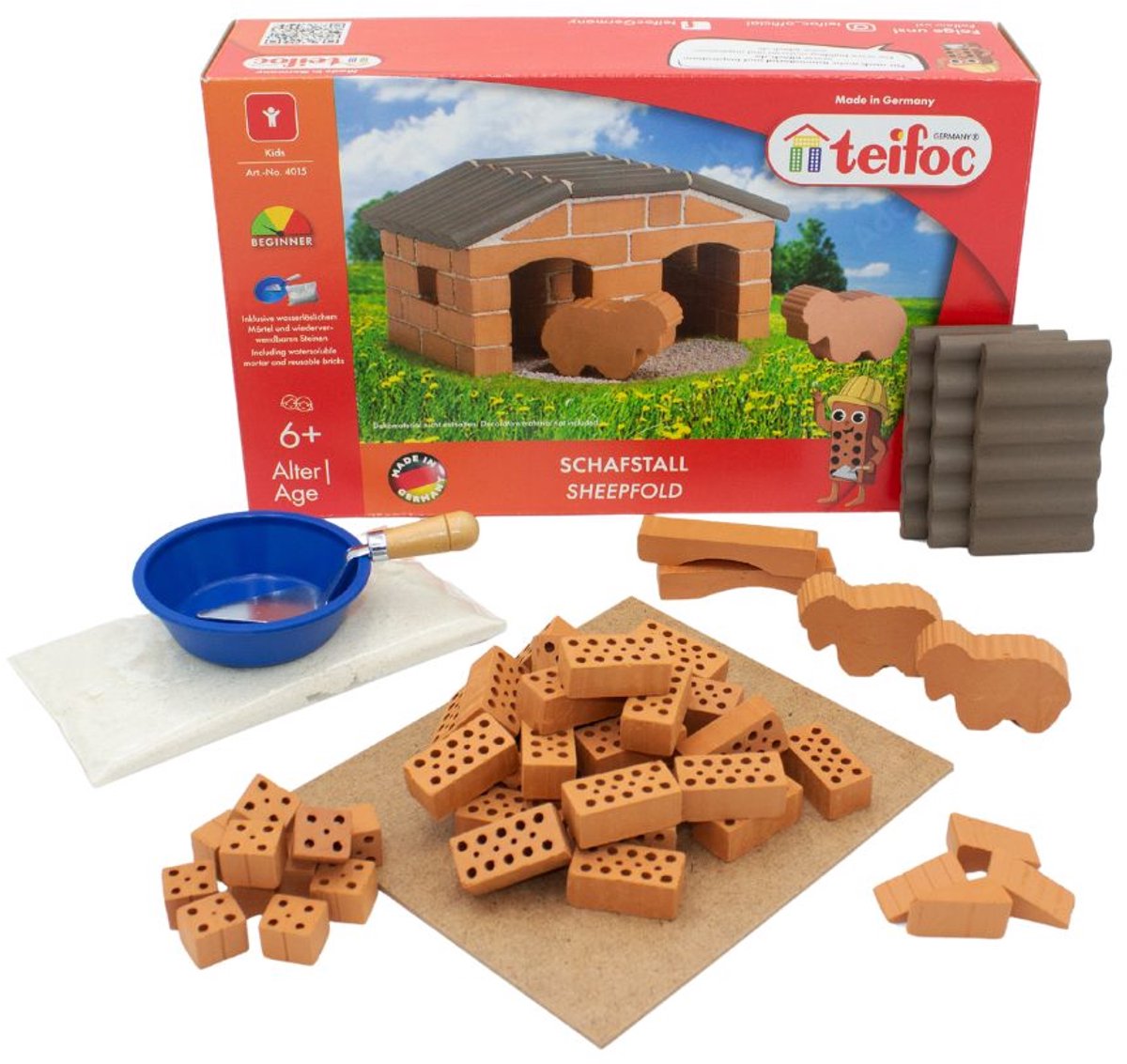 Teifoc® Bouwdoos – Schapenstal Bouwset – 50 onderdelen – Echte mini Bakstenen met Cement, Kom en Troffel – Bouwpakket voor kinderen vanaf 6 jaar