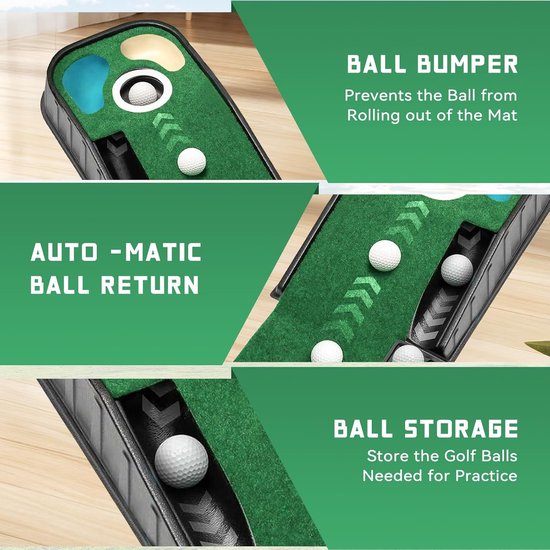 Golf Putting Mat - Putting Green - Indoor Golf Training - Automatische Bal Terugkeer - 275 x 34 cm - Groen van GOLF — afbeelding 4
