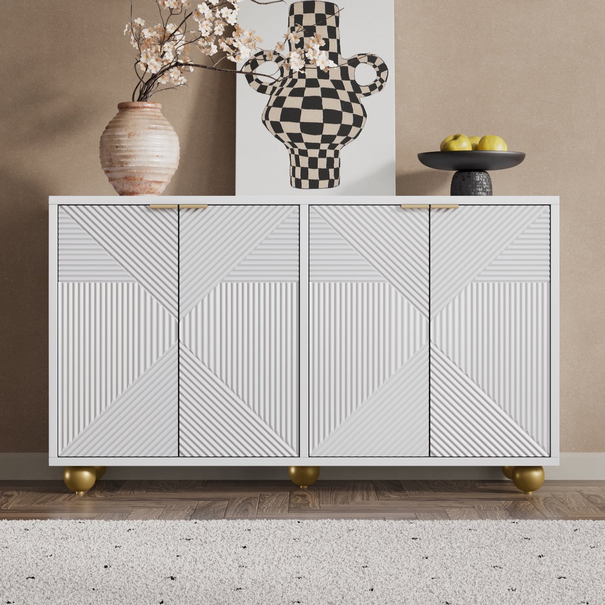 Wit Dressoir met 4 Deuren 120x35x71,5 cm - Sideboard met Verstelbare Planken - Gegraveerd Patroon en Gouden Bolpoten