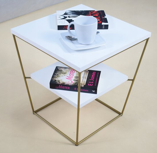 FutuStal Serie V - Druciany Salontafel - Goud - Bovenblad Wit Glanzend - Inclusief Plank van Merkloos — afbeelding 3