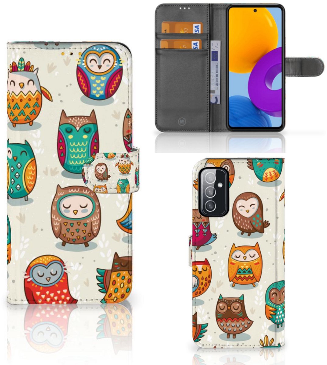 Samsung Galaxy M52 Telefoonhoesje met Pasjes Vrolijke Uilen