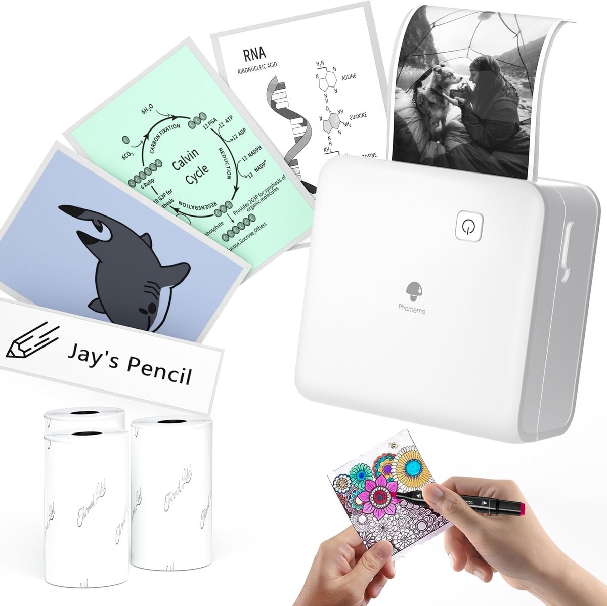 Mini Printer - Thermische Printer Smartphone - Studie Foto Etiketten - 300dpi Hoge Resolutie - 3 Papierrollen - Wit