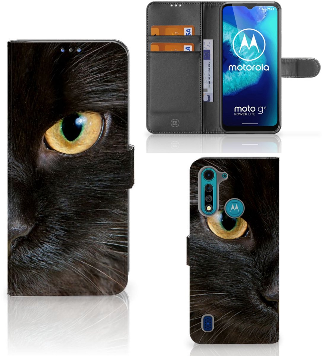 Motorola G8 Power Lite Telefoonhoesje met Pasjes Zwarte Kat