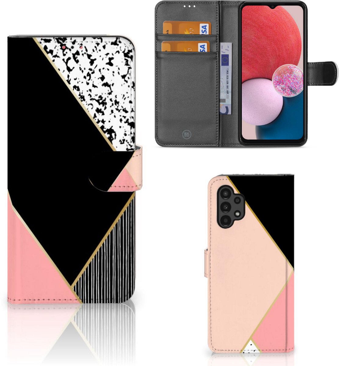 Samsung Galaxy A13 (4G) Book Case Zwart Roze Vormen