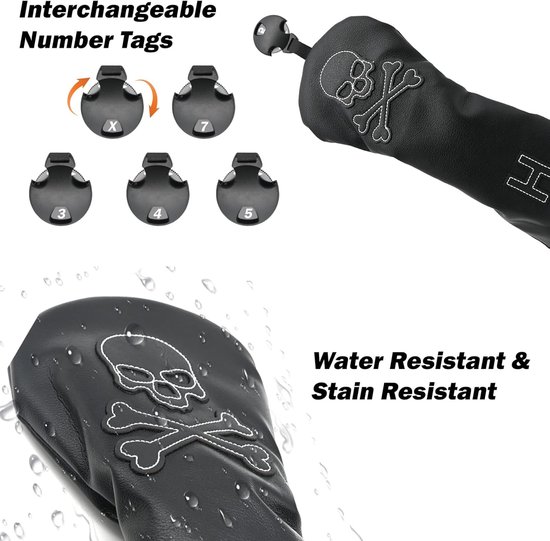 4 Pcs Golf Club Head Covers PU Leather Skull Golf Club Covers for Drivers, Fairway Woods, and Hybrids Fit Most Golf Clubs Golf Headcovers Set (Black) — afbeelding 2
