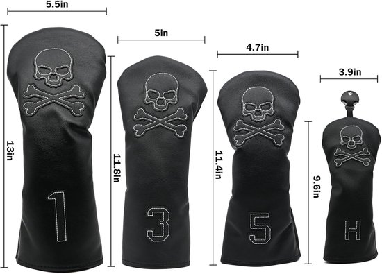 4 Pcs Golf Club Head Covers PU Leather Skull Golf Club Covers for Drivers, Fairway Woods, and Hybrids Fit Most Golf Clubs Golf Headcovers Set (Black) — afbeelding 4