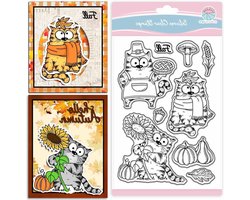 GLOBLELAND Autumn Thanksgiving Cartoon Cat Transparent Silicone Stamp Autumn Funny Comic Cat Clear Stamps Pumpkins Sunflowers Silicone Stamp For Cards Design DIY Embossing