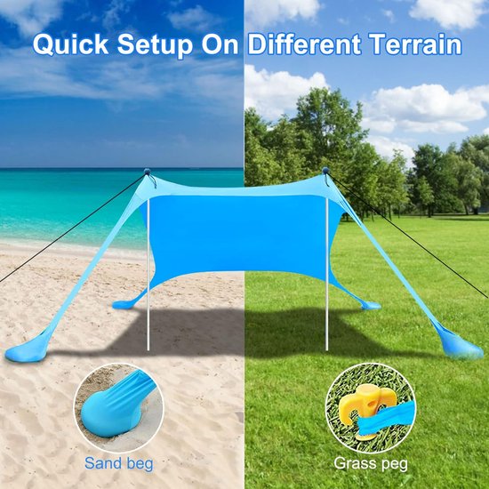 Strandluifeltent Zonnescherm met UPF 50+ UV-bescherming, strandtent zononderdak met zandzakken, palen en grondharingen en anti-windtouwen, outdoor pop-up tent voor strand, camping, achtertuin en picknicks — afbeelding 5