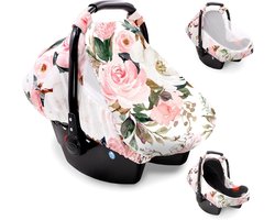 Autostoelhoezen voor baby's meisje jongen, gezellige zon & insectenhoes, baby autostoel luifel pasgeboren kinderwagen draagtas hoes met ademende rits kijkvenster, aquarel roze bloem