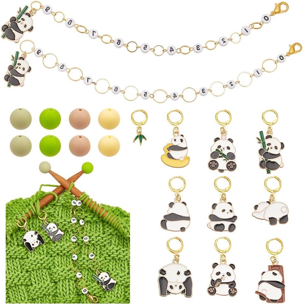 33-delige breiaccessoireset met panda stekenmarkeerders, breirekens, naalddoppen en garengids