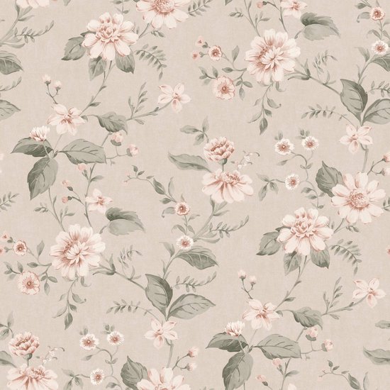 Papier peint avec un motif floral détaillé en beige, avec de grandes fleurs roses et crème.