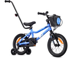 Sun Baby Kinderfiets 14 Inch LOOFI, Fiets voor Jongen 3-5 Jaar, Max 50 kg - lichtgewicht 6.6 kg, aluminium frame, met zijwieltjes, mandje, bel, stickers - Blauw