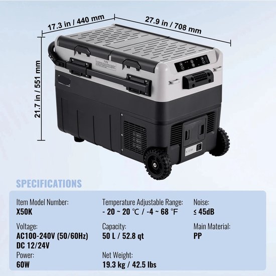 Auto Koelkast - Auto Koelbox Compressor - Camping Koelkast - met Wielen - 12V/24V - 50L - Draagbare - Koelen en Vriezen - -20°C tot +20°C - Energiezuinig - Voor Auto - Camper - en Camping — afbeelding 3