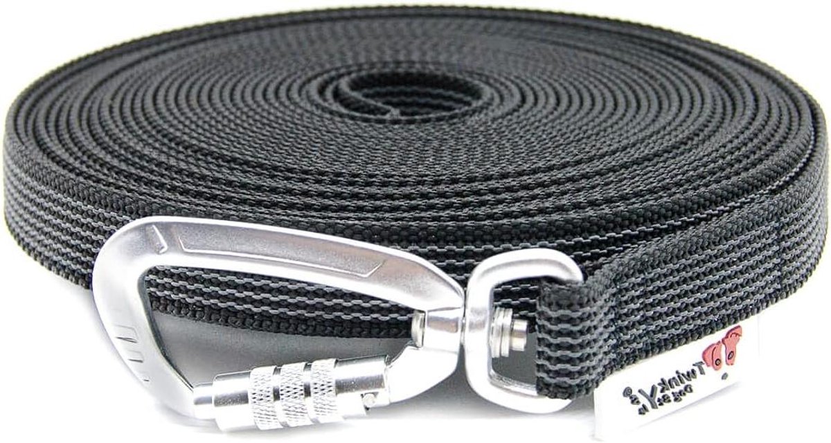 Dog Style Made in Germany Rubberen riem met veiligheidskarabijnhaak 20 mm breed voor honden tot 50 kg - MET handriem 10 meter zwart