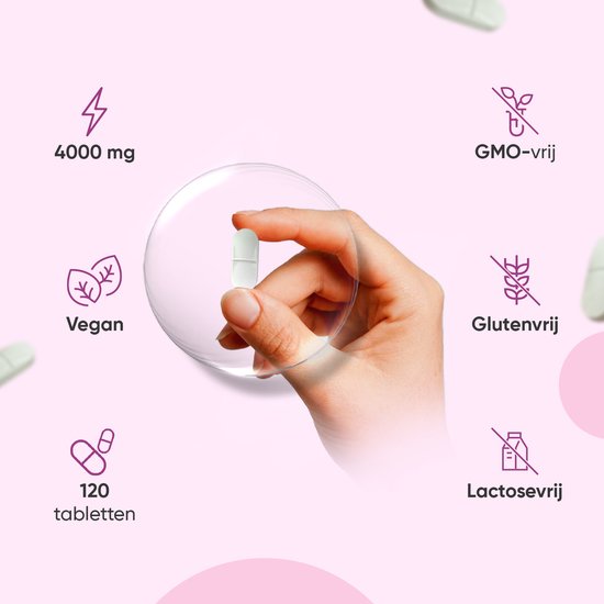 Een hand die een witte tablet vasthoudt met daaromheen icoontjes voor 4000 mg, vegan, 120 tabletten, GMO-vrij, glutenvrij en lactosevrij.