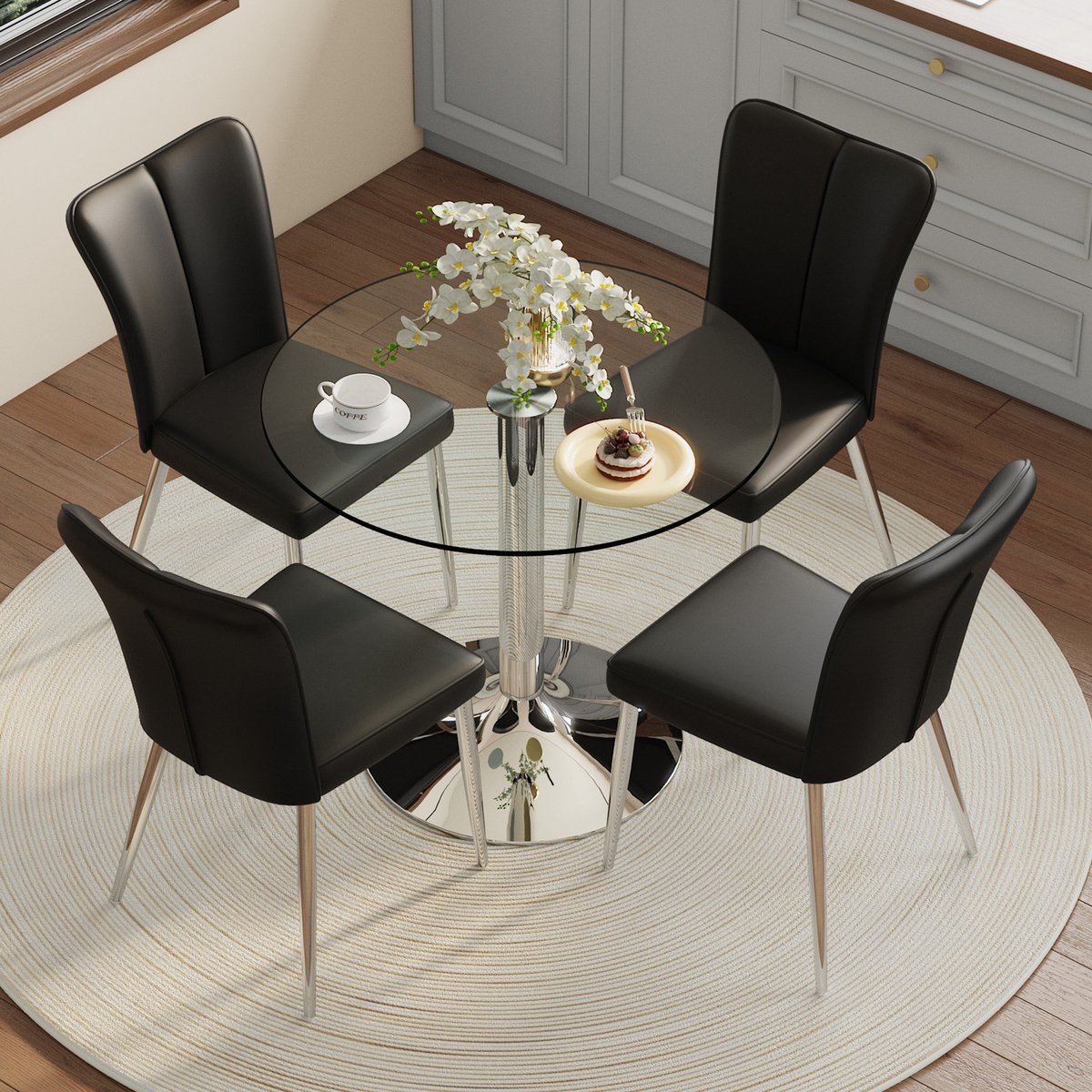 STILVORA Eettafelset 85 Cm - Ronde Glazen Tafel Met 2 Stoelen - Voor Eetkamer En Keuken - Glas Metaal En PU - Zwart Zilver