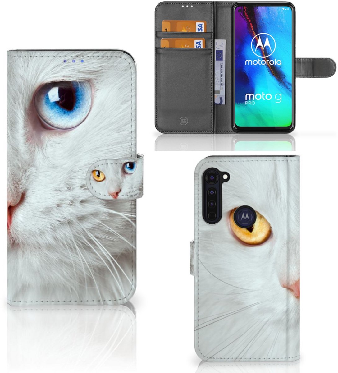 Motorola Moto G Pro Telefoonhoesje met Pasjes Witte Kat
