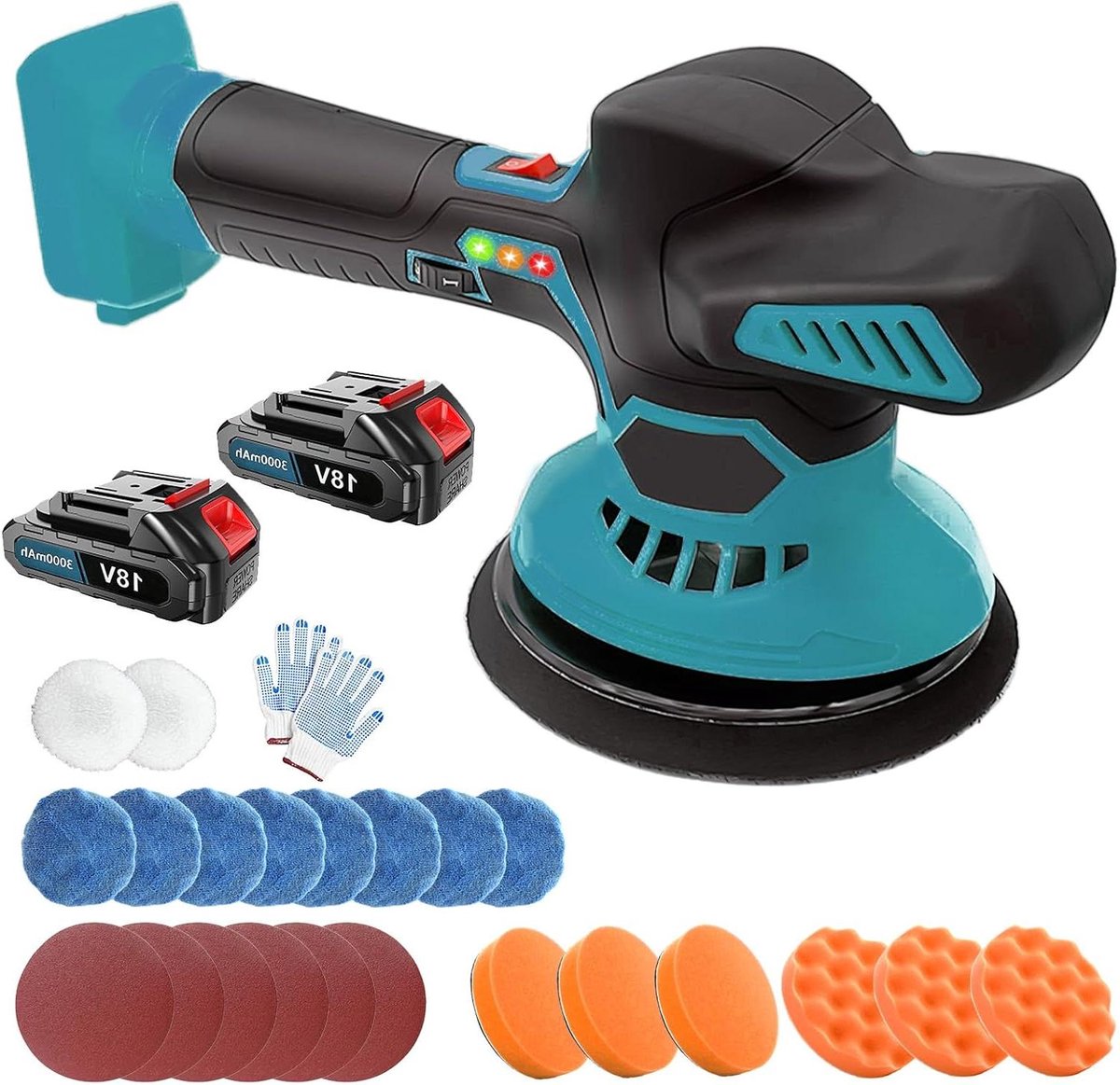 Accu Polijstmachine - Excentrische Polijster - Auto Boot Hout - 6-Traps Snelheidsregeling - 18V 2x3Ah Accu - Blauw