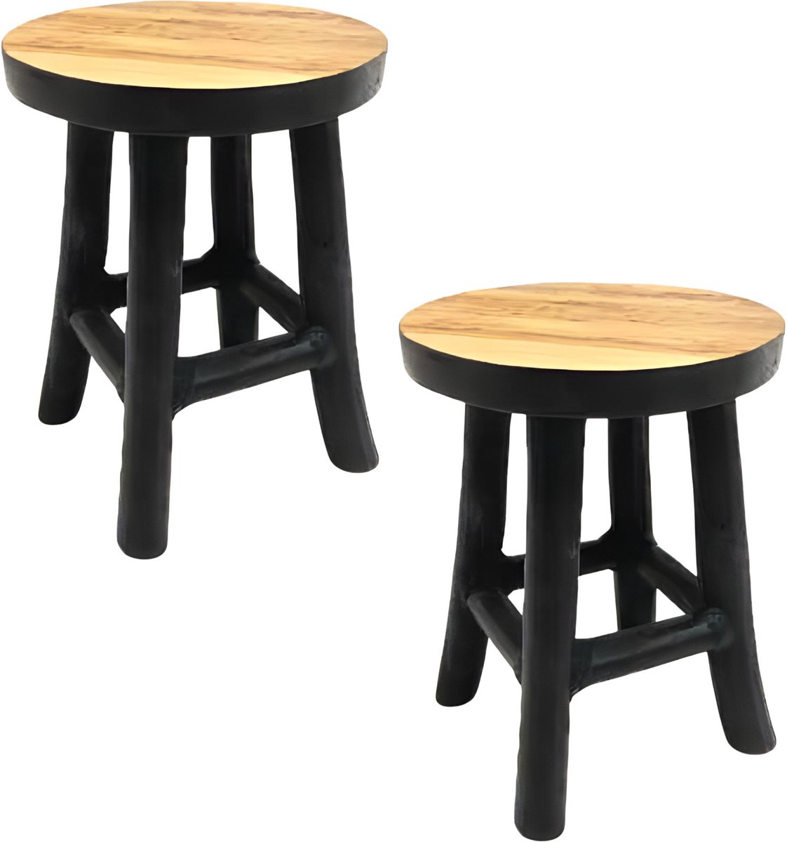 VD Leeden plantverhoger set - teak hout - zwart - H22 + H15 cm - krukje