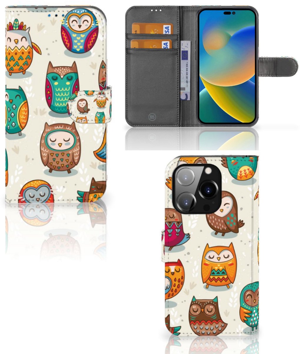 iPhone 14 Pro Telefoonhoesje met Pasjes Vrolijke Uilen
