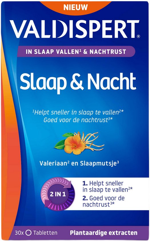 Doos Valdispert Slaap & Nacht met de tekst 'Helpt sneller in slaap te vallen en goed voor de nachtrust'.