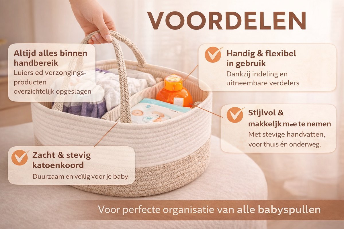 Katoenen Luiermand met Handvatten – Baby Organizer met 3 Vakken – Commode Organizer / Diaper Caddy – Opbergmand Baby – Crème Beige – foto 6