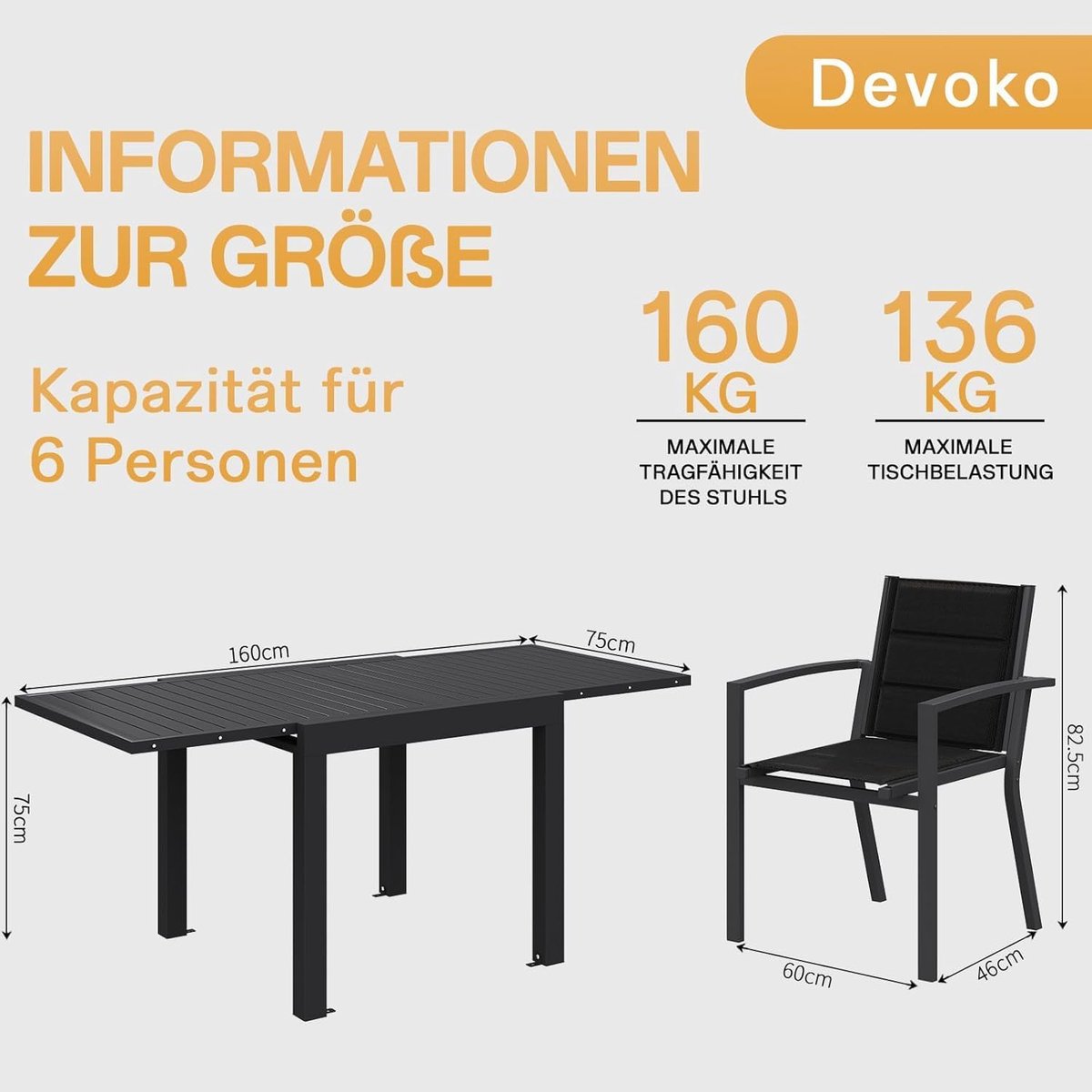Tuinmeubelset 6 Personen 80-160x80x75 cm Uittrekbare Tafel – Aluminium Dining Set met Stapelbare Stoelen – Weerbestendig – Donkergrijs – Nicolehome