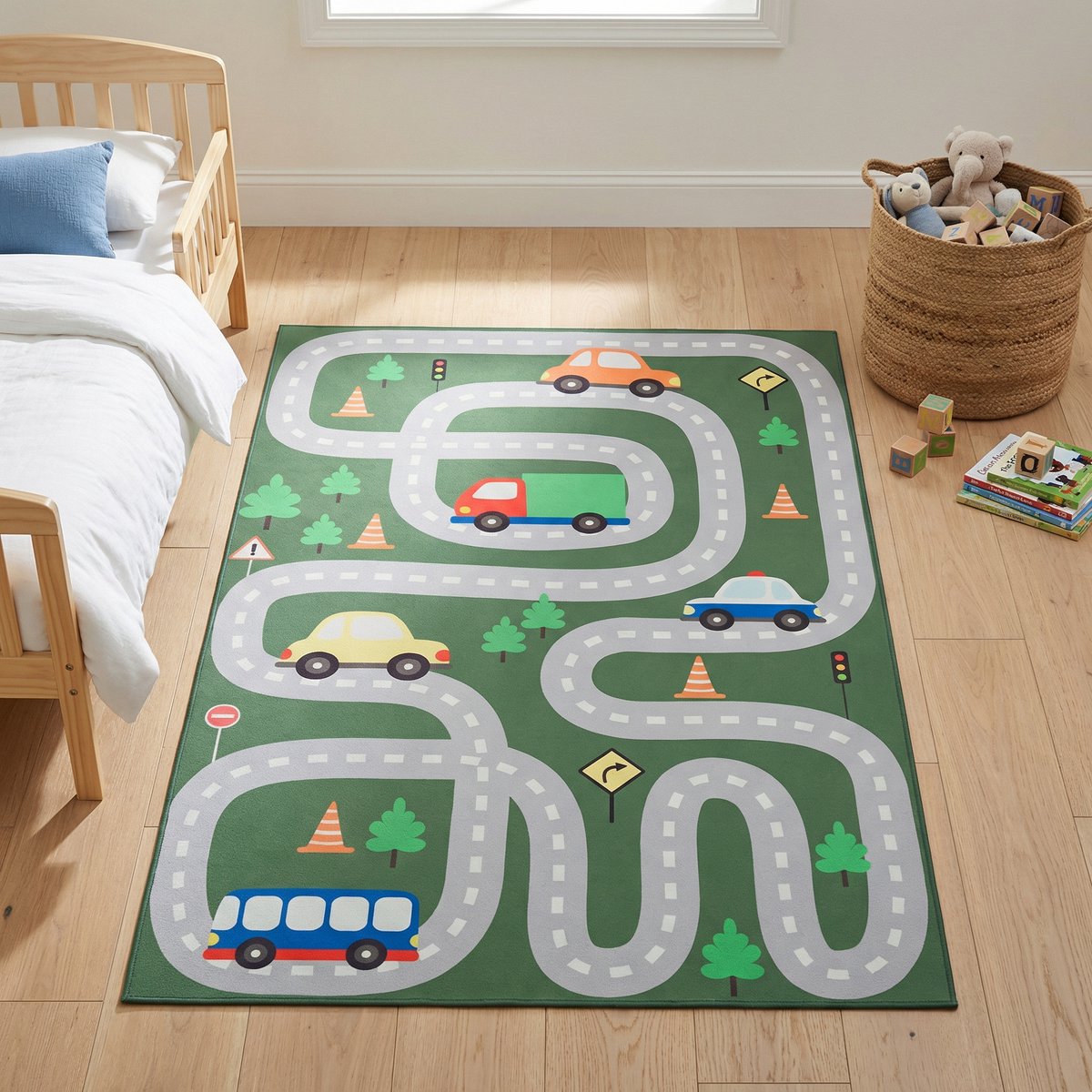 Tapiso Snooki Vloerkleed voor Kinderkamer Speelkleed Groen Kindertapijt met Auto Motief Jo
