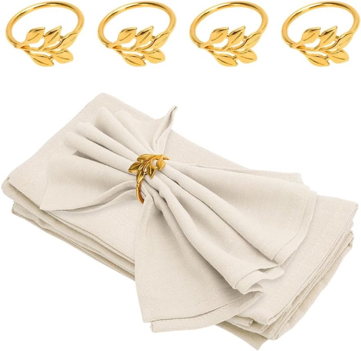 Stijlvolle Linnen Servetten Set met Servetringen voor Feestjes, Bruiloften en Dagelijks Gebruik (Beige, 40 x 40 cm, 4 Servetten + 4 Servetringen)
