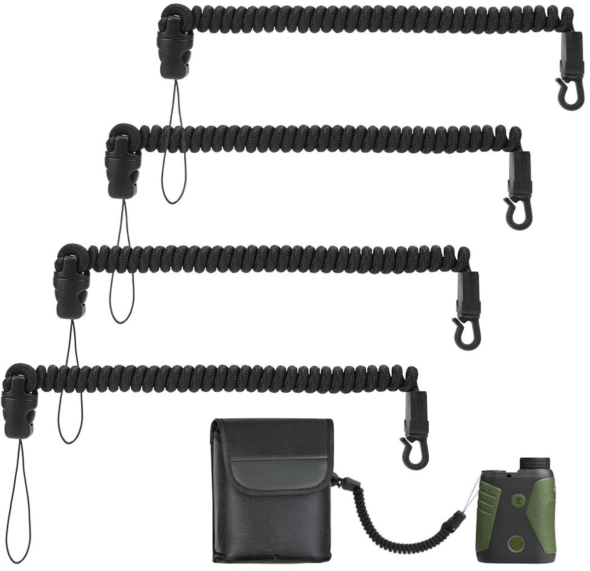 Pack van 4 Verwijderbare Bereikmeters, Elastische Kordels van Polyester voor Mobiele Telefoons, Jagen, Vissen, Bergbeklimmen en Kamperen, 26 x 1.5 cm, Zwart, Duurzaam en Lichtgewicht