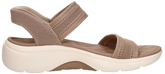 Zijaanzicht van lichtbruine dames sandalen met gebreide bandjes en Arch Fit zool.