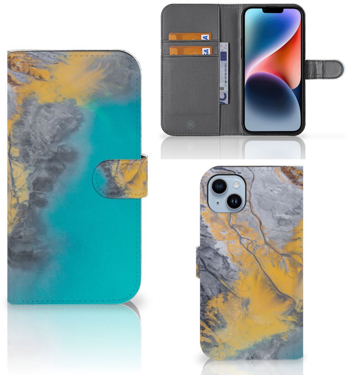 Book Case voor iPhone 15 Plus Bookcase Marble Blue Gold