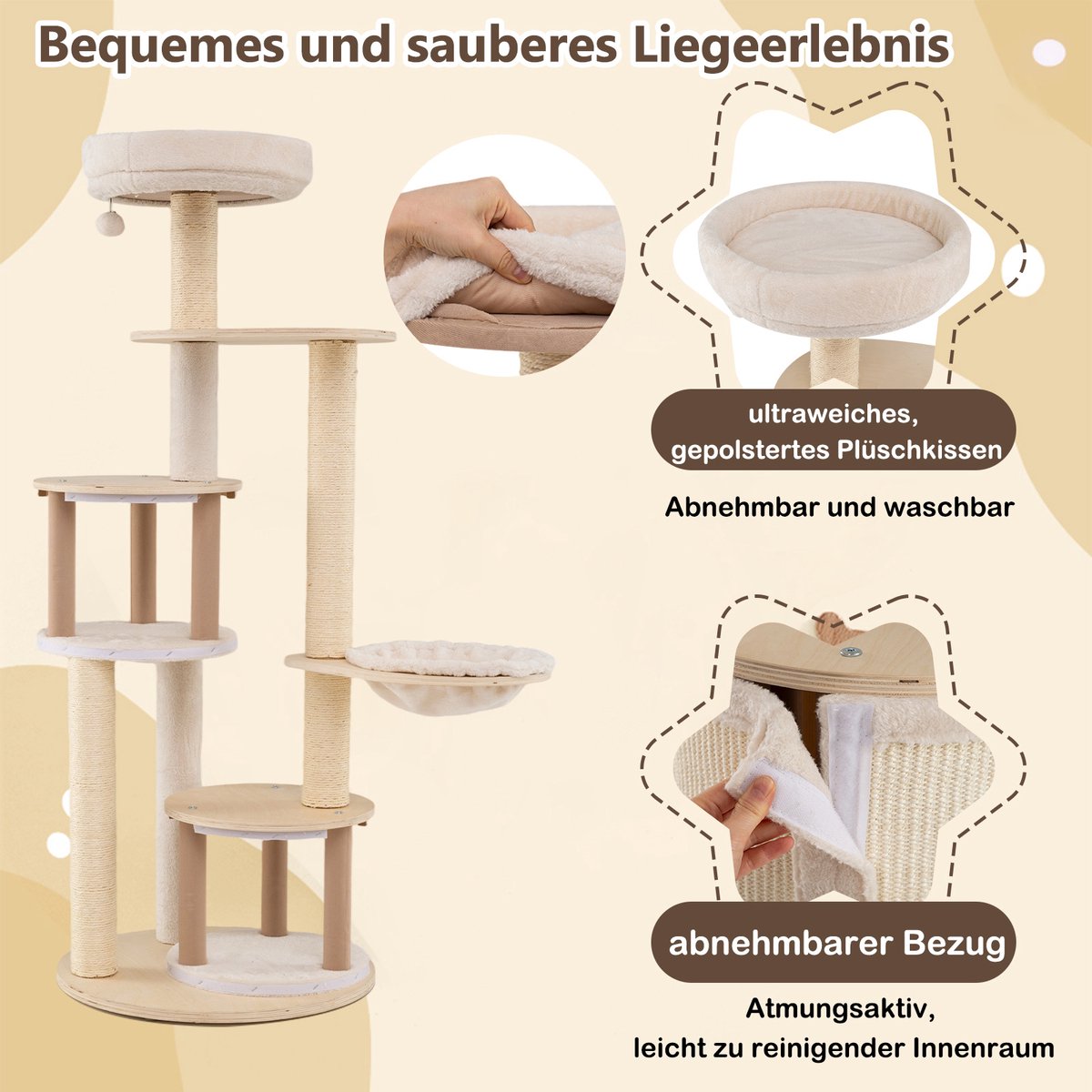 COSTWAY Krabpaal groot, kattenboom met 2 kattenholletjes, mand, sisal-krabpalen, speelbal & platform, kattenkrabpaal katten, kattenmeubel, klimboom, activiteitsboom, hout, natuur, 152 cm hoog – foto 3