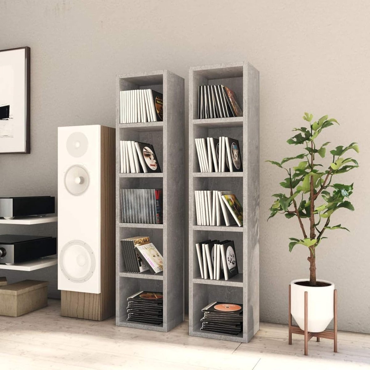 Media Rekken - Opbergrek - Cd Dvd Opslag - 5 Vakken Per Stuk - 21x16x935 cm - Betongrijs