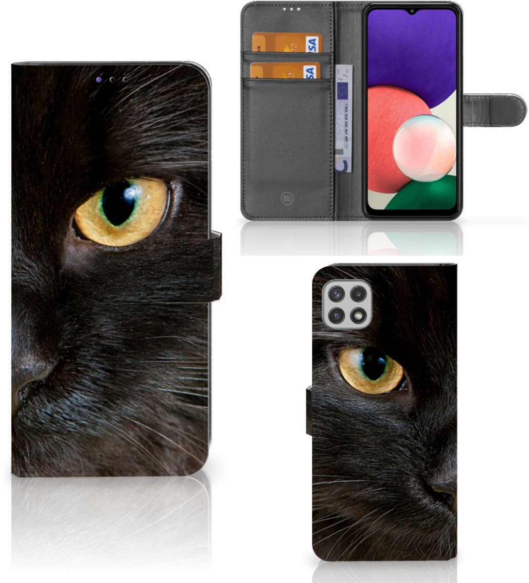 Samsung Galaxy A22 5G Telefoonhoesje met Pasjes Zwarte Kat