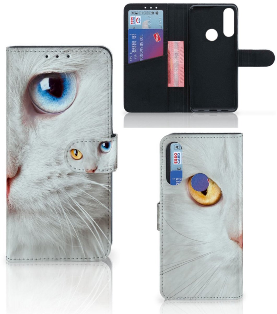 Alcatel 1S 2020 Telefoonhoesje met Pasjes Witte Kat