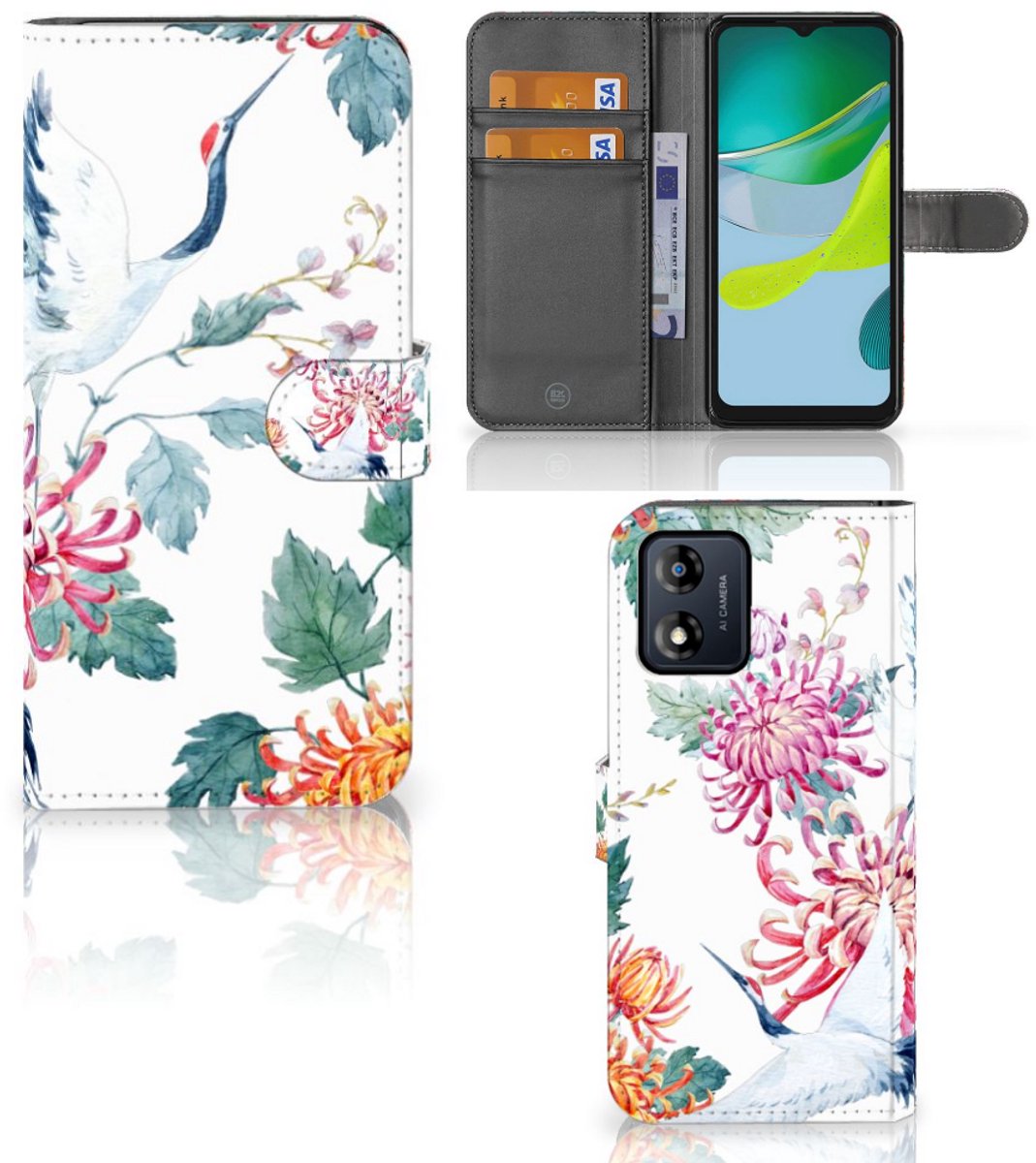 Book Case voor Motorola Moto E13 4G Telefoonhoesje met Pasjes Bird Flowers