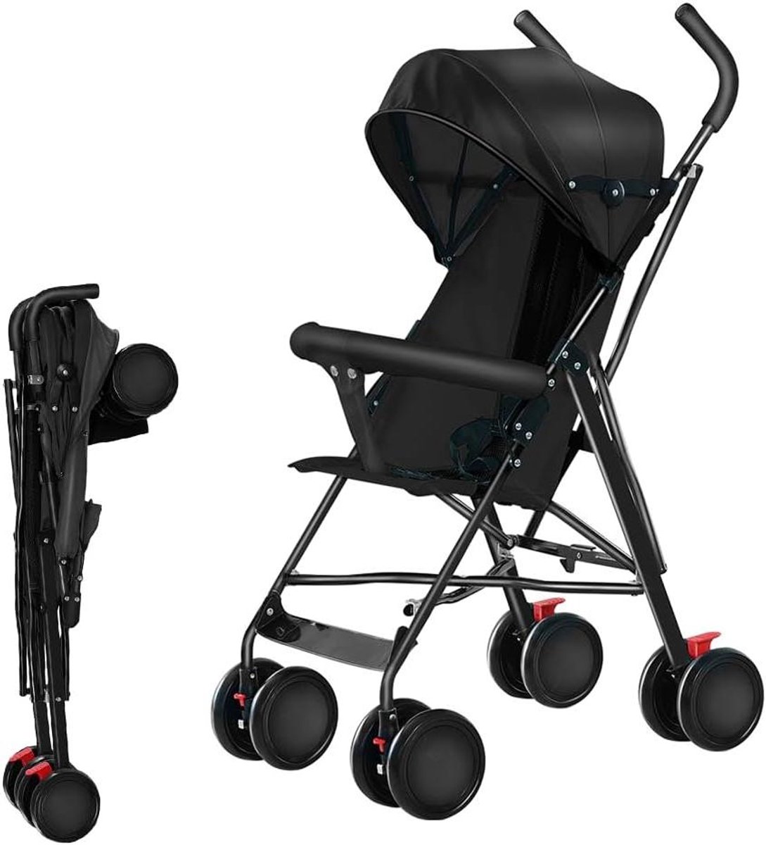 Comfortabele kinderwagen voor baby's, compacte wandelwagen, 0-36 kg, reiskinderwagen met katoen en muggennet, schokabsorberend en explosiebestendig wiel (G1-zwart)
