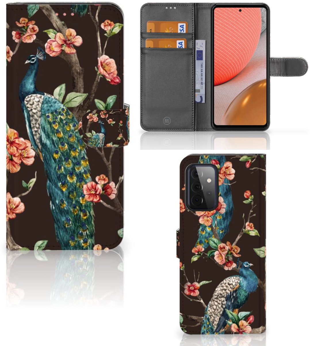 Samsung Galaxy A72 Telefoonhoesje met Pasjes Pauw met Bloemen